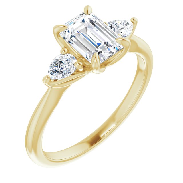 10K Yellow Gold Customizable 3-stone Design with Emerald/Radiant Cut Center and Dual Large Pear Side Stones