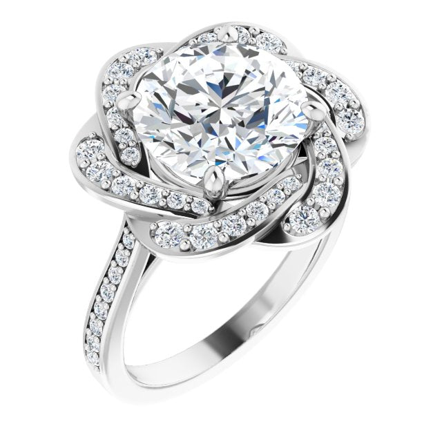 10K White Gold Customizable Cathedral-raised Round Cut Design with Floral/Knot Halo and Thin Accented Band