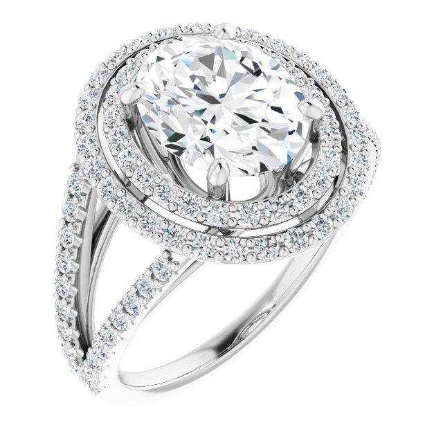 10K White Gold Customizable Oval Cut Design with Double Halo and Wide Split-Pavé Band