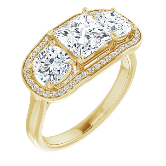 10K Yellow Gold Customizable 3-stone Design with Princess/Square Cut Center, Cushion Side Stones, Triple Halo and Bridge Under-halo