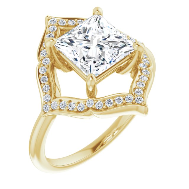 10K Yellow Gold Customizable Princess/Square Cut Style with Artistic Equilateral Halo and Ultra-thin Band