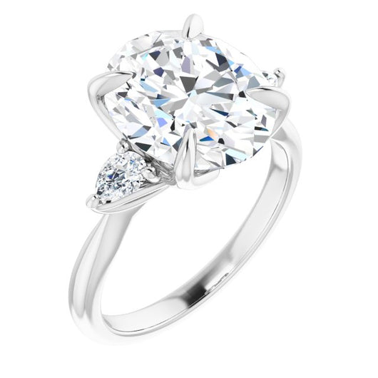 10K White Gold Customizable 3-stone Design with Oval Cut Center and Dual Large Pear Side Stones