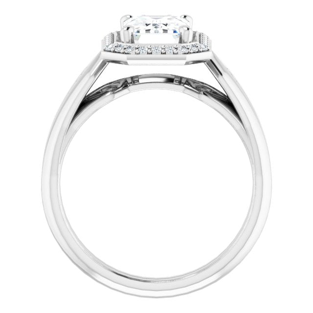 Cubic Zirconia Engagement Ring- The Ina Vaani (Customizable Cathedral-raised Radiant Cut Design with Halo and Tri-Cluster Band Accents)