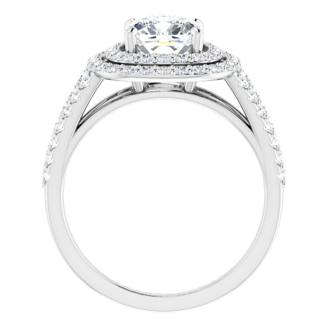 Cubic Zirconia Engagement Ring- The Carly Anne (Customizable Cushion Cut Design with Double Halo and Wide Split-Pavé Band)