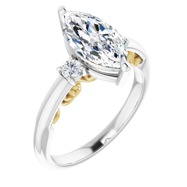 14K White & Yellow Gold Customizable Marquise Cut 3-stone Style featuring Heart-Motif Band Enhancement