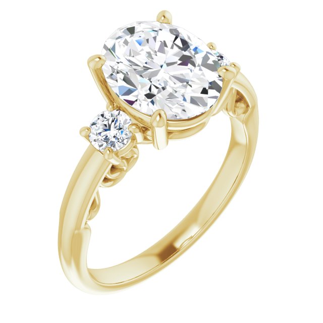 10K Yellow Gold Customizable Oval Cut 3-stone Style featuring Heart-Motif Band Enhancement