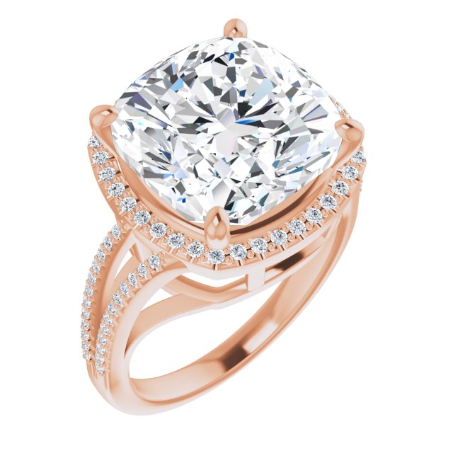 14K Rose Gold Customizable Cushion Cut Vintage Design with Halo Style and Asymmetrical Split-Pavé Band