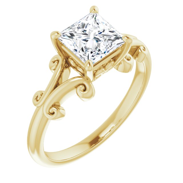 10K Yellow Gold Customizable Princess/Square Cut Solitaire with Band Flourish and Decorative Trellis