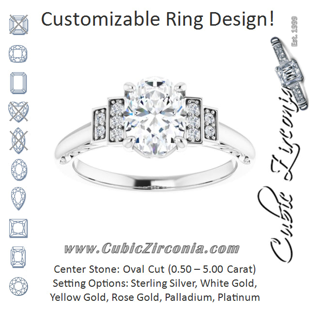 Cubic Zirconia Engagement Ring- The Brynhild (Customizable Engraved Design with Oval Cut Center and Perpendicular Band Accents)