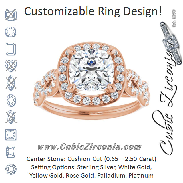 Cubic Zirconia Engagement Ring- The Jakayla (Customizable Cathedral-Halo Cushion Cut Design with Artisan Infinity-inspired Twisting Pavé Band)