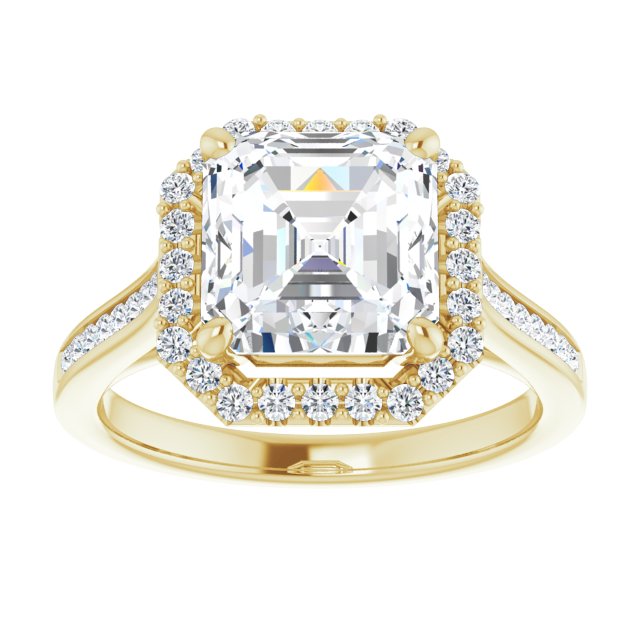 Cubic Zirconia Engagement Ring- The Star (Customizable Asscher Cut Design with Halo, Round Channel Band and Floating Peekaboo Accents)