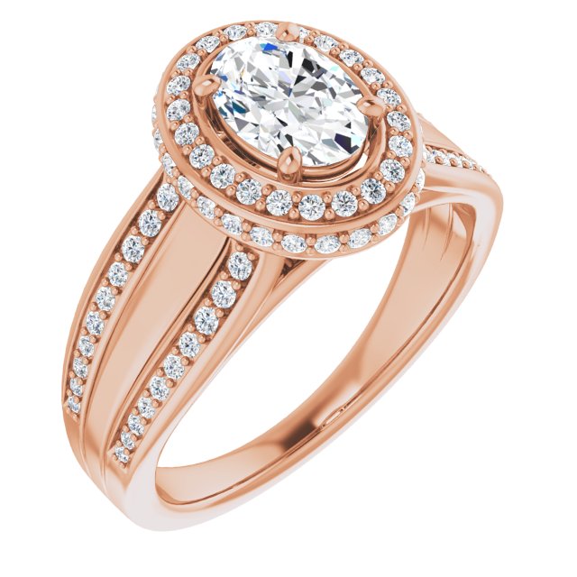 10K Rose Gold Customizable Halo-style Oval Cut with Under-halo & Ultra-wide Band