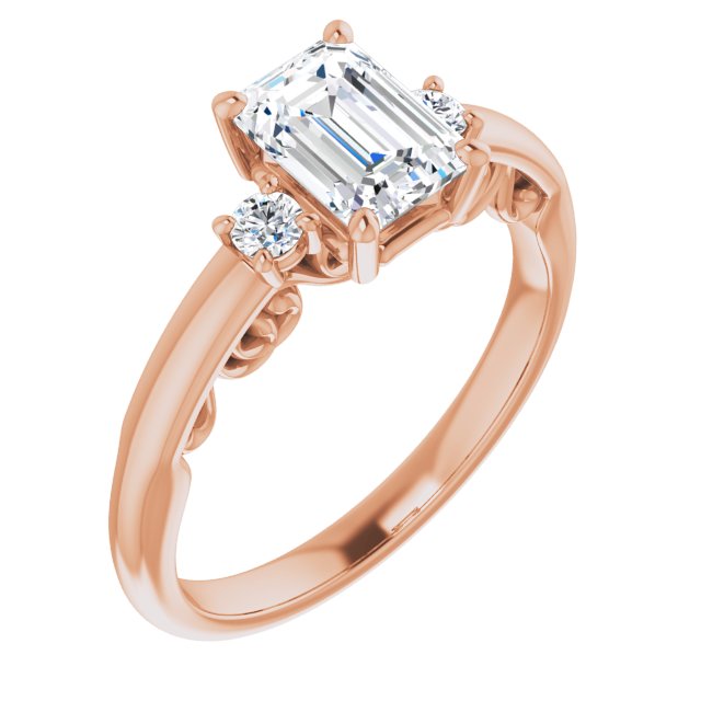 10K Rose Gold Customizable Emerald/Radiant Cut 3-stone Style featuring Heart-Motif Band Enhancement