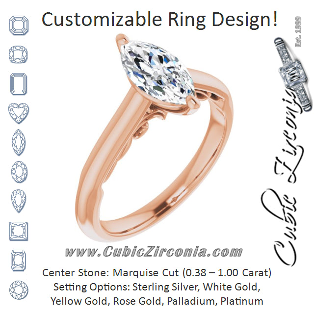 Cubic Zirconia Engagement Ring- The Adelaide (Customizable Marquise Cut Cathedral Solitaire with Two-Tone Option Decorative Trellis 'Down Under')
