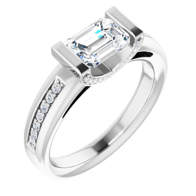 10K White Gold Customizable Cathedral-Bar Emerald/Radiant Cut Design featuring Shared Prong Band and Prong Accents