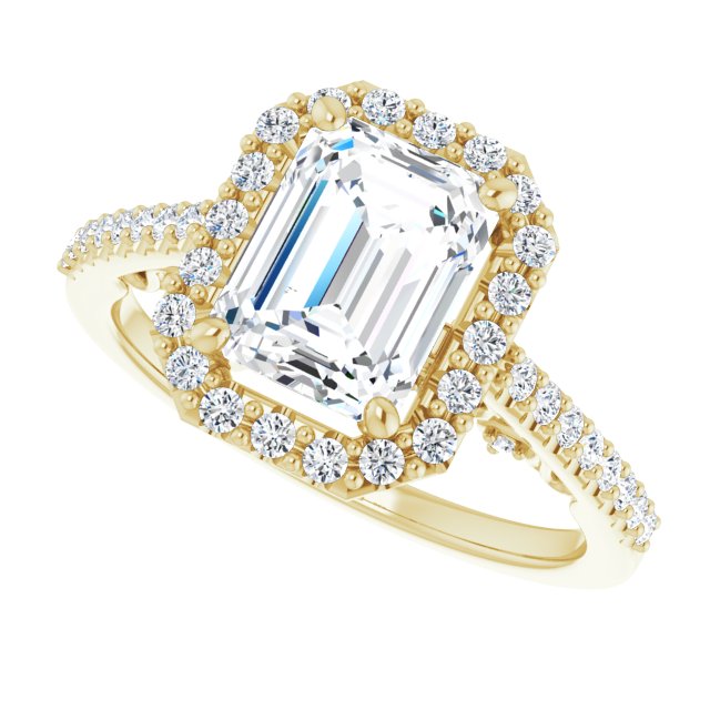 Cubic Zirconia Engagement Ring- The Aiko (Customizable Cathedral-Halo Emerald Cut Design with Carved Metal Accent plus Pavé Band)