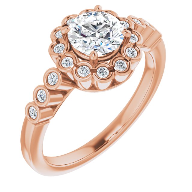 10K Rose Gold Customizable Round Cut Design with Round-bezel Halo and Band Accents