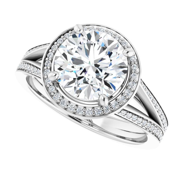 Cubic Zirconia Engagement Ring- The Carrie (Customizable Round Cut Design with Split-Band Shared Prong & Halo)