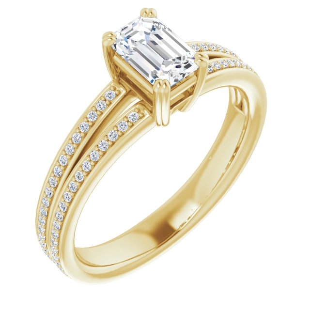 10K Yellow Gold Customizable Emerald/Radiant Cut Center with 100-stone* "Waterfall" Pavé Split Band