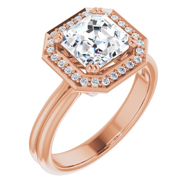 Cubic Zirconia Engagement Ring- The Jeanine Marie (Customizable Asscher Cut Style with Scooped Halo and Grooved Band)