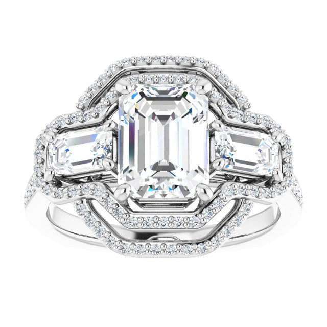 Cubic Zirconia Engagement Ring- The Fallon (Customizable Enhanced 3-stone Style with Emerald Cut Center, Emerald Cut Accents, Double Halo and Thin Shared Prong Band)