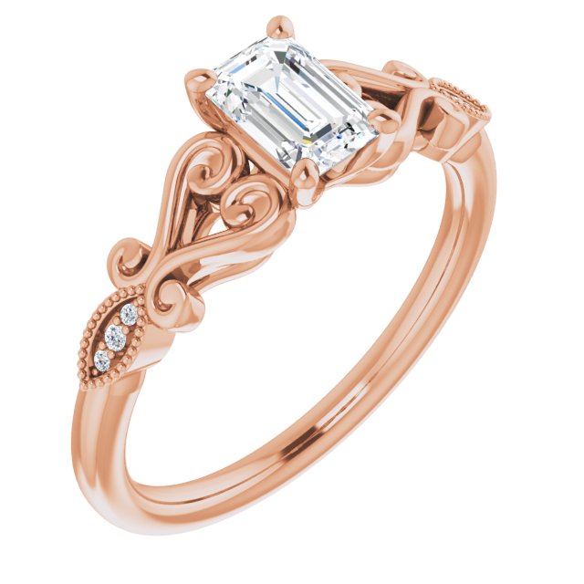 10K Rose Gold Customizable 7-stone Design with Emerald/Radiant Cut Center Plus Sculptural Band and Filigree