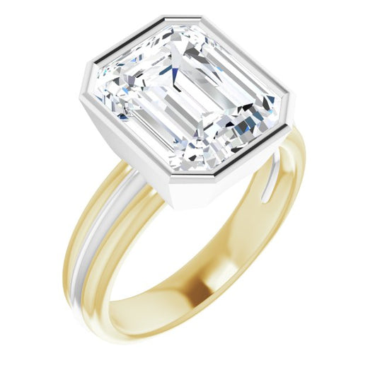 14K Yellow & White Gold Customizable Bezel-set Emerald/Radiant Cut Solitaire with Grooved Band
