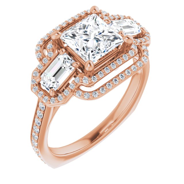 10K Rose Gold Customizable Enhanced 3-stone Style with Princess/Square Cut Center, Emerald Cut Accents, Double Halo and Thin Shared Prong Band