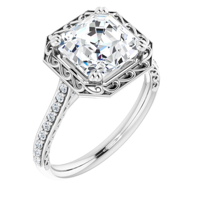 10K White Gold Customizable Asscher Cut Halo Design with Filigree and Accented Band