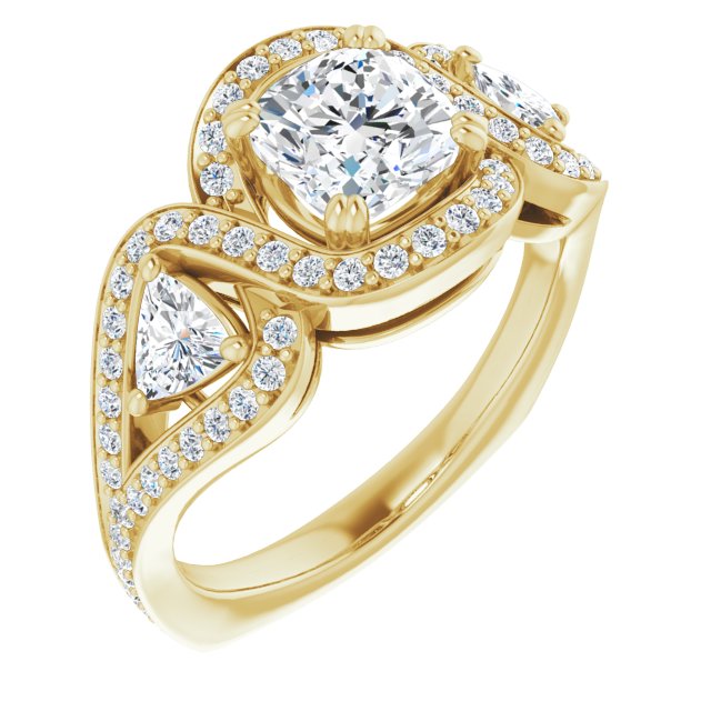 10K Yellow Gold Customizable Cushion Cut Center with Twin Trillion Accents, Twisting Shared Prong Split Band, and Halo