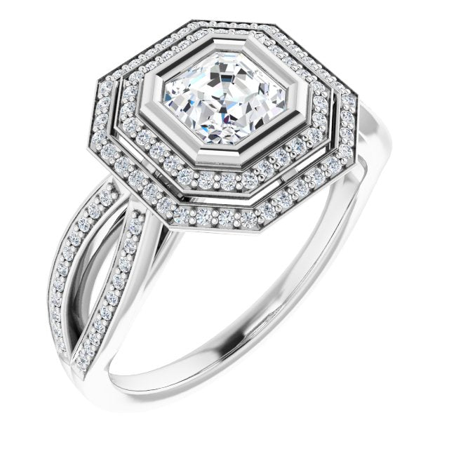 10K White Gold Customizable Bezel-set Asscher Cut Style with Double Halo and Split Shared Prong Band
