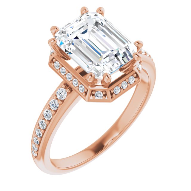 10K Rose Gold Customizable Emerald/Radiant Cut Design with Geometric Under-Halo and Shared Prong Band
