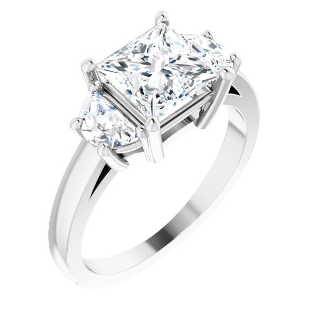 10K White Gold Customizable 3-stone Design with Princess/Square Cut Center and Half-moon Side Stones
