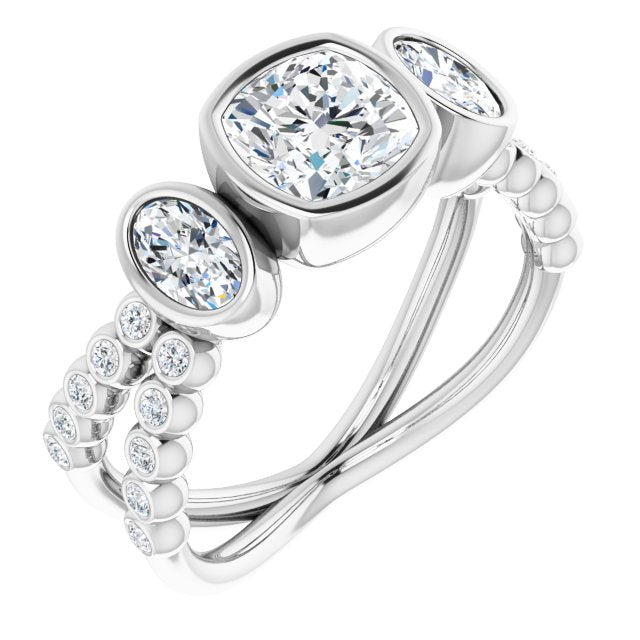 10K White Gold Customizable Bezel-set Cushion Cut Design with Dual Bezel-Oval Accents and Round-Bezel Accented Split Band