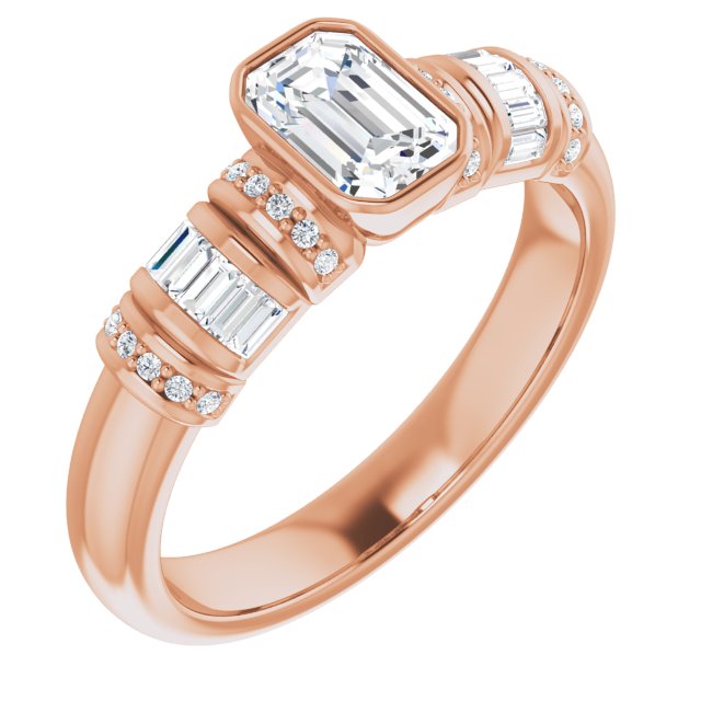 10K Rose Gold Customizable Bezel-set Emerald/Radiant Cut Setting with Wide Sleeve-Accented Band