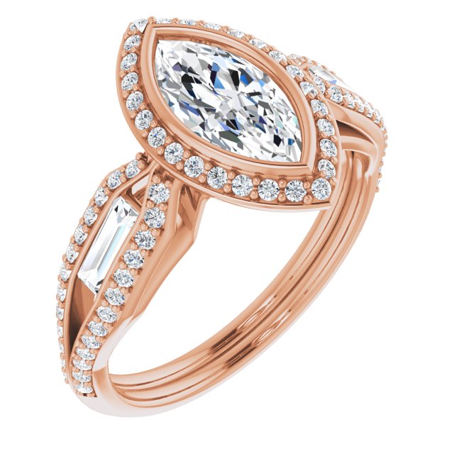 10K Rose Gold Customizable Cathedral-Bezel Marquise Cut Design with Halo, Split-Pavé Band & Channel Baguettes