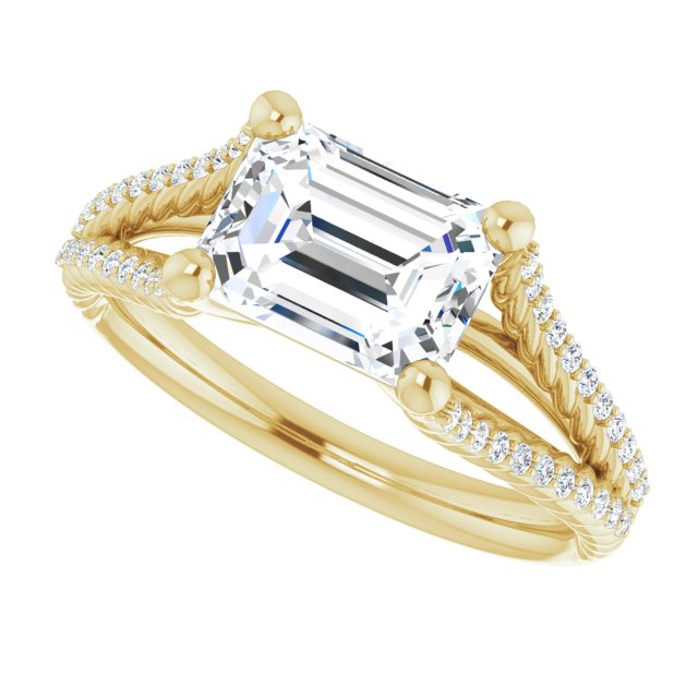 Cubic Zirconia Engagement Ring- The Contessa (Customizable Emerald Cut Style with Split Band and Rope-Pavé)