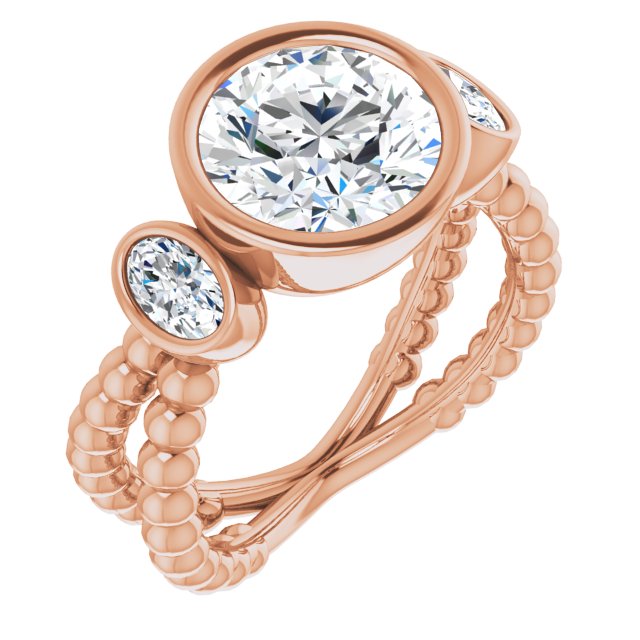 18K Rose Gold Customizable 3-stone Round Cut Design with 2 Oval Cut Side Stones and Wide, Bubble-Bead Split-Band