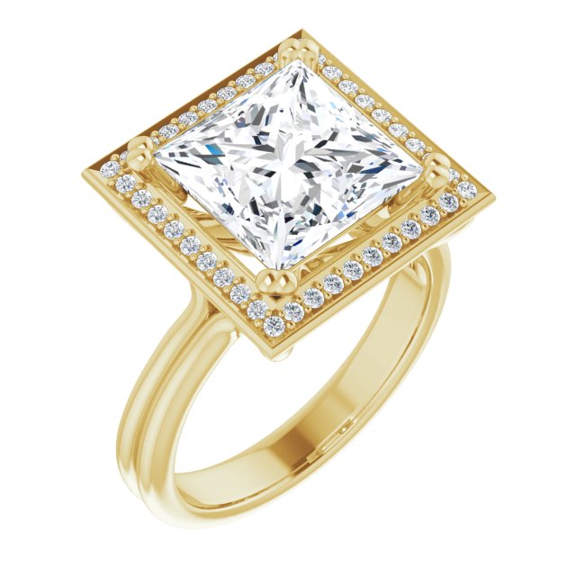 10K Yellow Gold Customizable Princess/Square Cut Style with Scooped Halo and Grooved Band