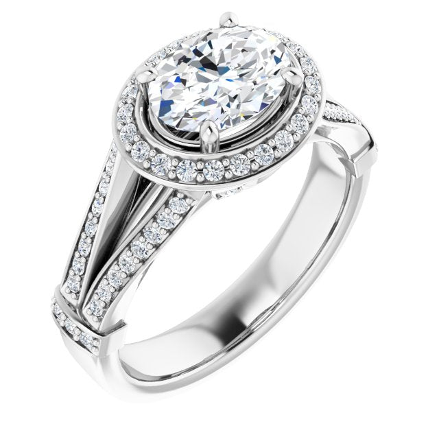 Cubic Zirconia Engagement Ring- The Cecelia (Customizable Oval Cut Horizontal Setting with Halo, Under-Halo Trellis Accents and Accented Split Band)
