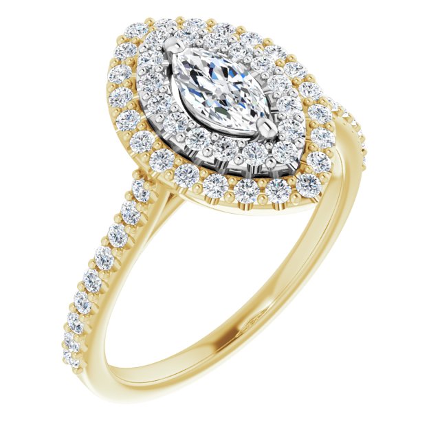 14K Yellow & White Gold Customizable Double-Halo Marquise Cut Design with Accented Split Band