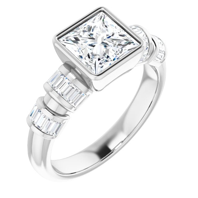 10K White Gold Customizable Bezel-set Princess/Square Cut Design with Quad Horizontal Band Sleeves of Baguette Accents