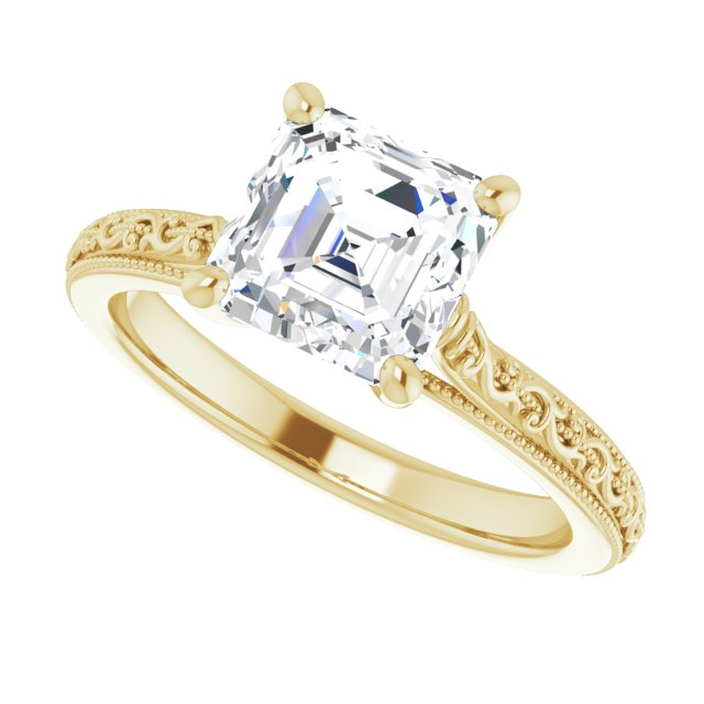 Cubic Zirconia Engagement Ring- The Conchita (Customizable Asscher Cut Solitaire with Delicate Milgrain Filigree Band)