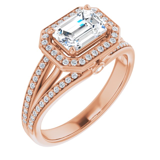 10K Rose Gold Customizable High-set Emerald/Radiant Cut Design with Halo, Wide Tri-Split Shared Prong Band and Round Bezel Peekaboo Accents