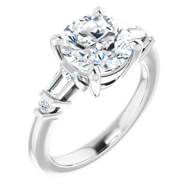 14K White Gold Customizable 5-stone Baguette+Round-Accented Round Cut Design)