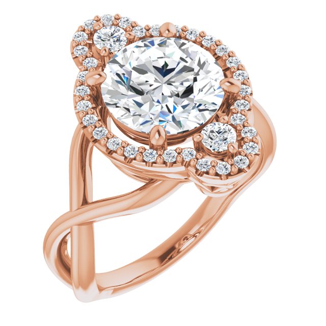 10K Rose Gold Customizable Vertical 3-stone Round Cut Design Enhanced with Multi-Halo Accents and Twisted Band