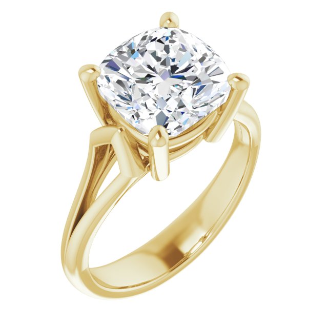 10K Yellow Gold Customizable Cathedral-Raised Cushion Cut Solitaire with Angular Chevron Split Band
