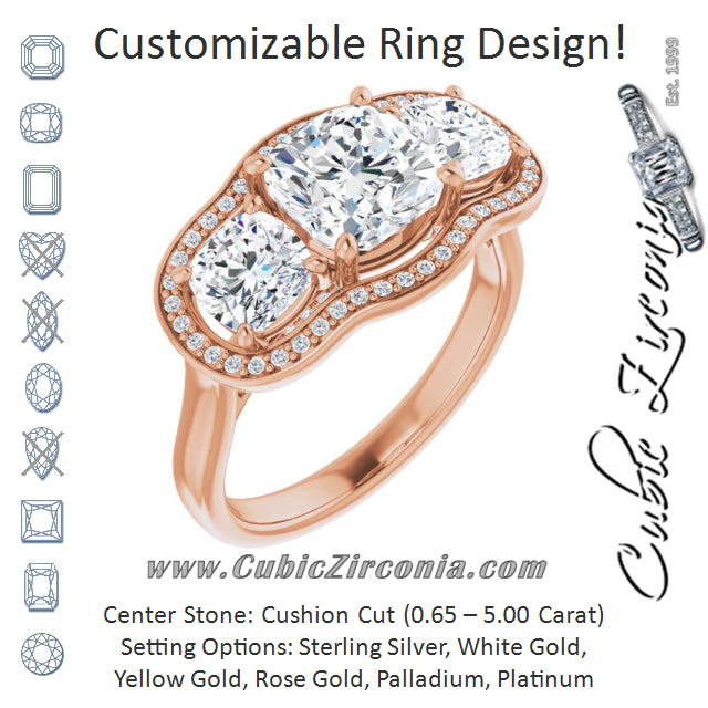 Cubic Zirconia Engagement Ring- The Aimi Namiko (Customizable 3-stone Design with Cushion Cut Center, Cushion Side Stones, Triple Halo and Bridge Under-halo)