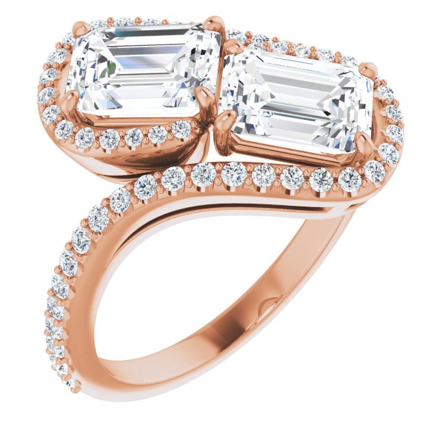 10K Rose Gold Customizable Double Emerald/Radiant Cut 2-Stone Style Enhanced with Accented Artisan Bypass Band