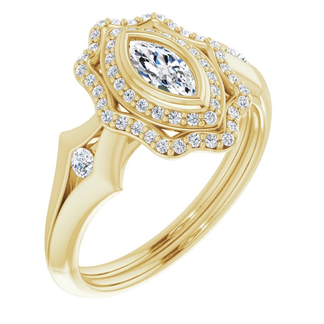 10K Yellow Gold Customizable Cathedral-bezel Marquise Cut Design with Floral Double Halo and Channel-Accented Split Band
